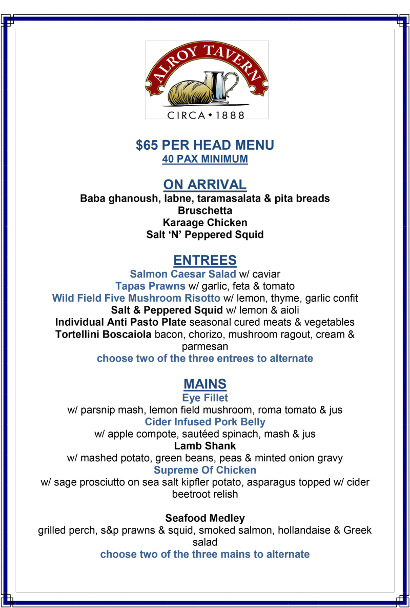 Alroy Tavern $65 Special Set Menu