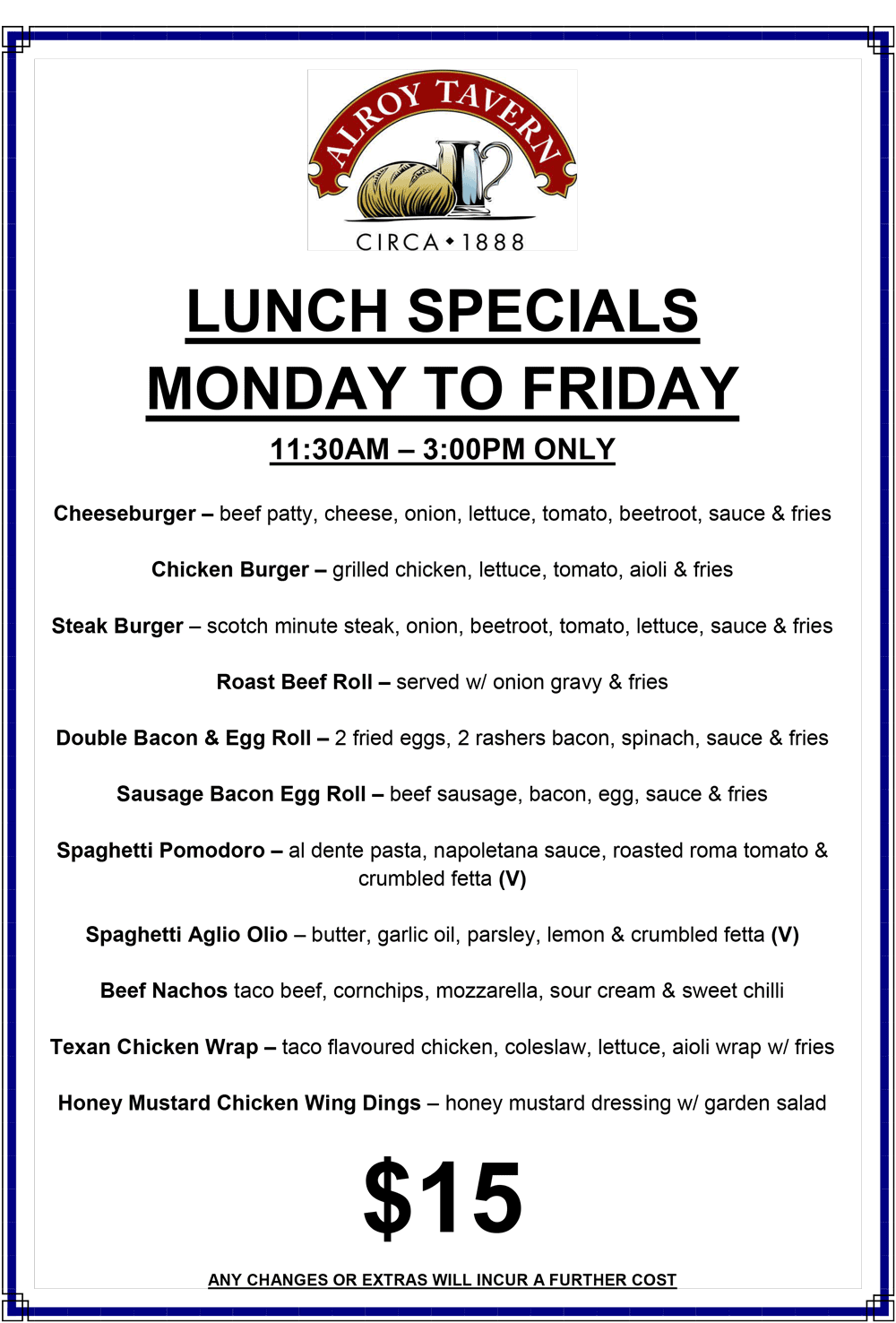 Alroy Tavern $15 Lunch Menu