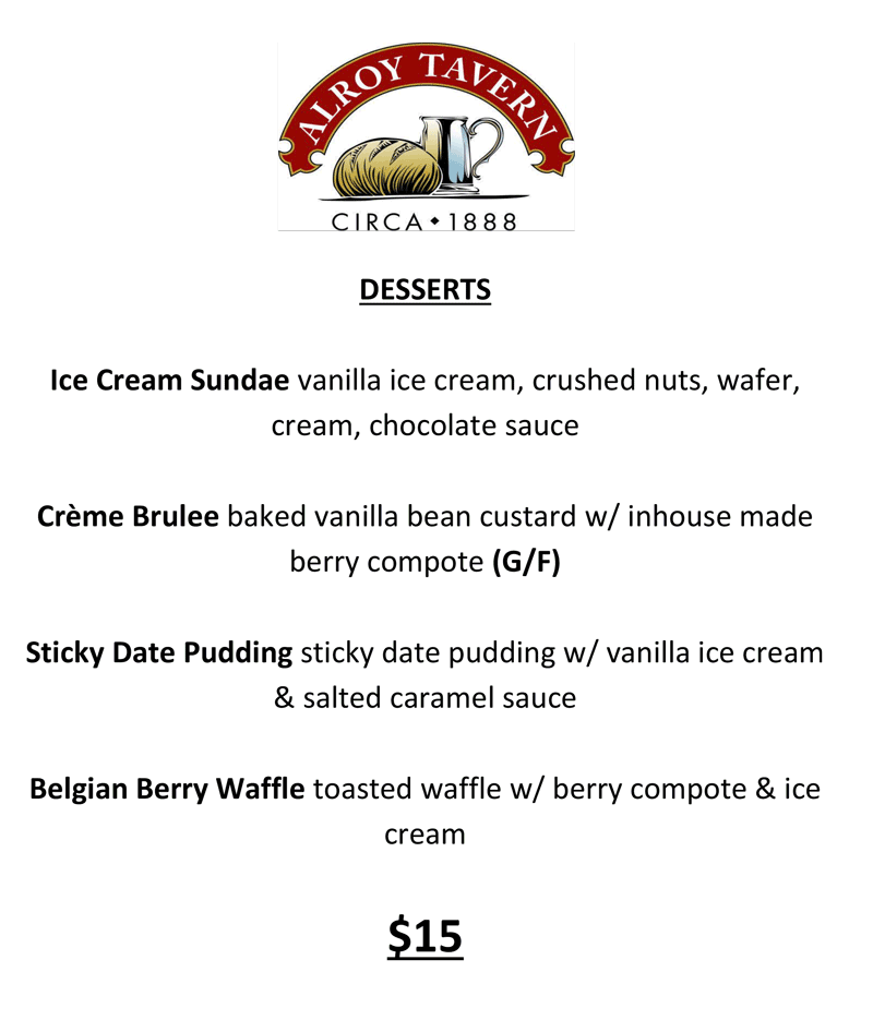 Alroy Tavern Dessert Menu