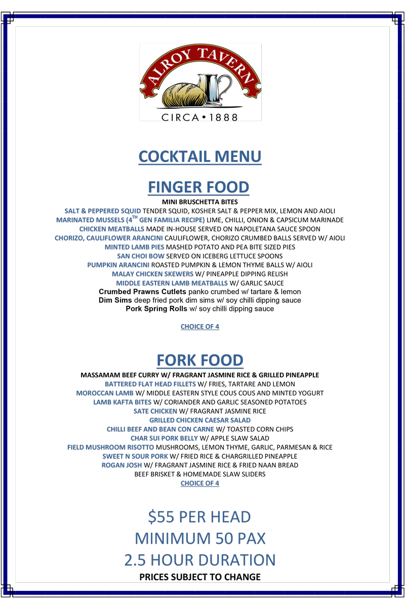Alroy Tavern Fingerfood Menu