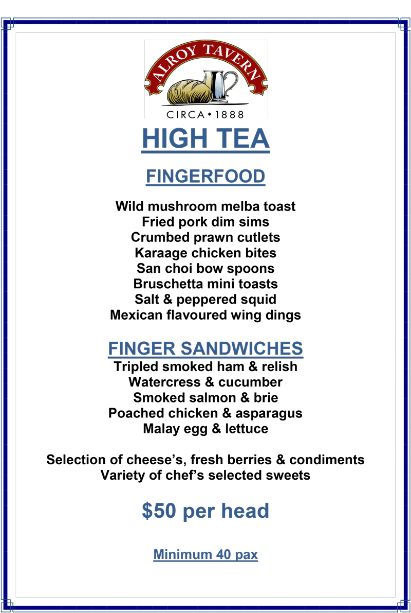Alroy Tavern High Tea Menu